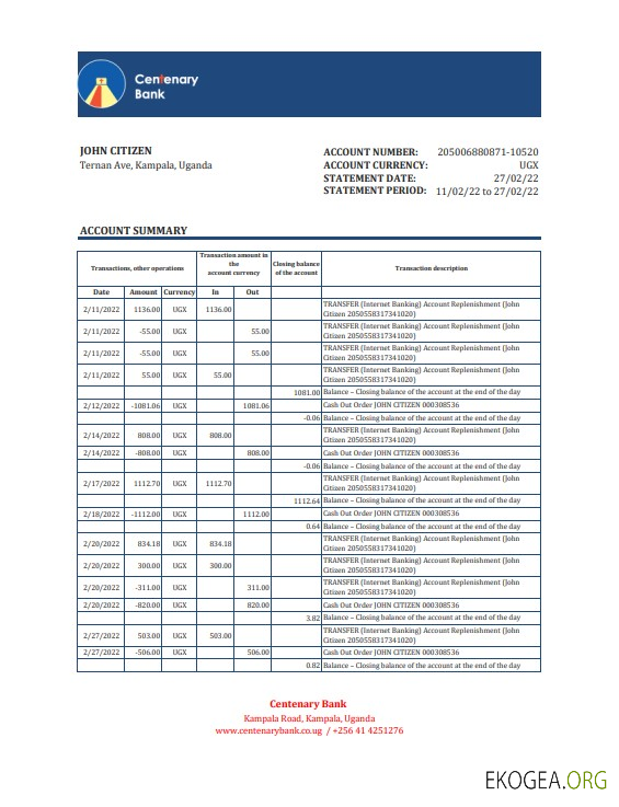 Relevé bancaire du centenaire de l'Ouganda, modèle Excel et PDF